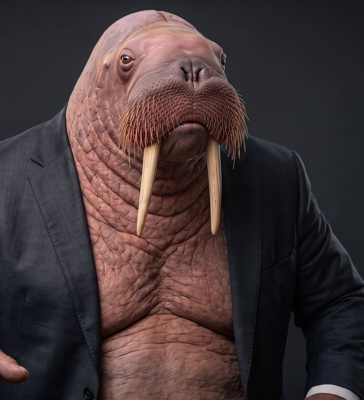 Walter the walrus in a dark suit